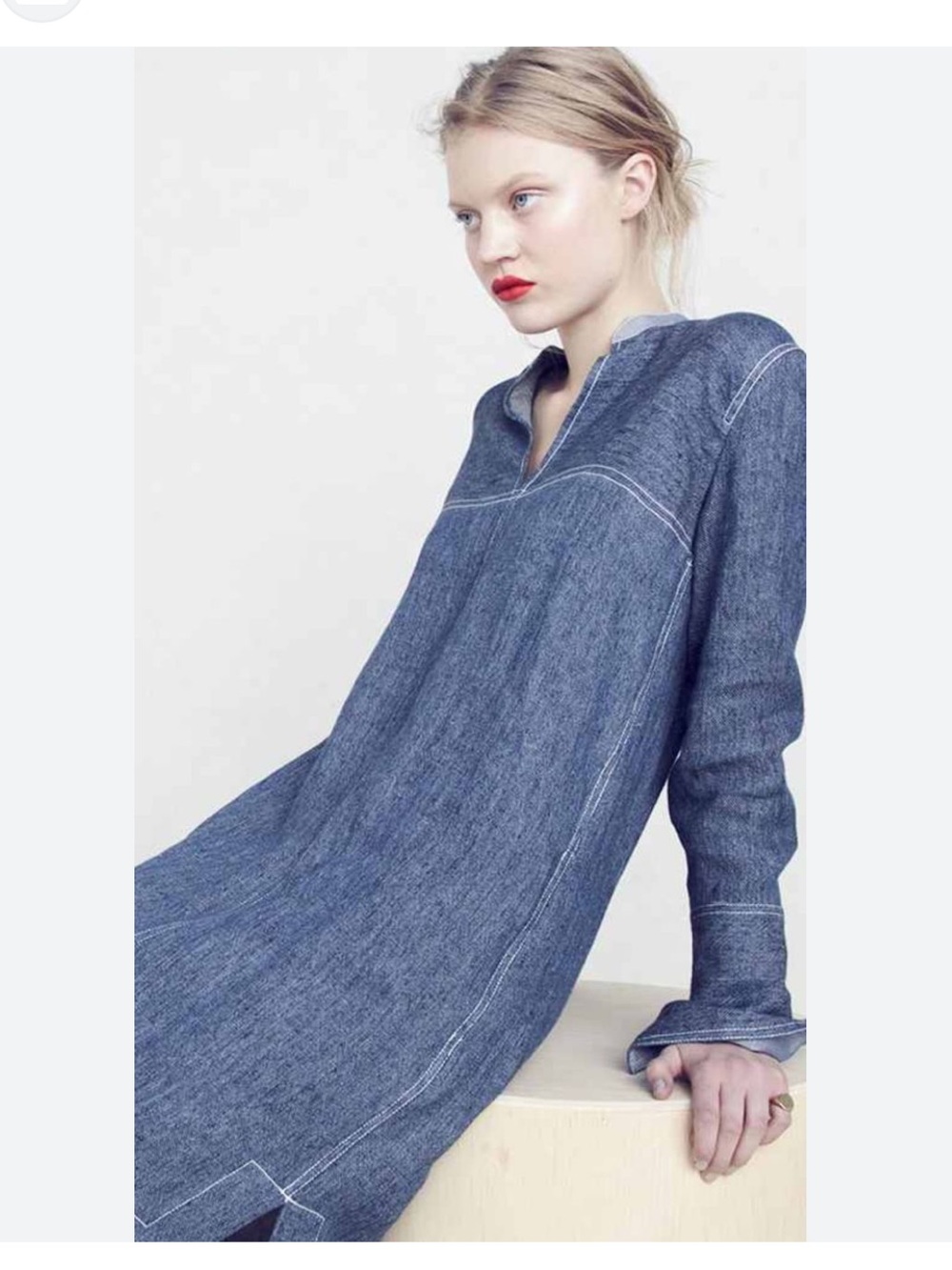 RARE J. Crew Collection Split Neck Indigo Linen Modern Tunic White Stitching